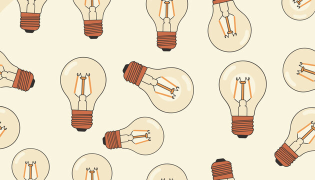 Seamless repeating pattern of various light bulbs in different orientations represents bright ideas and creative inspiration.