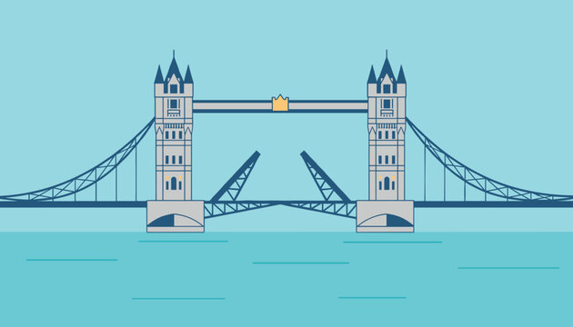 Iconic Tower Bridge in London is shown with its bascules raised over the blue water of the River Thames in daylight.