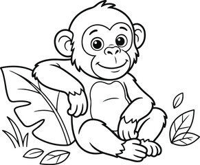 Obraz premium Cute cartoon monkey sitting in the jungle, black and white line art illustration