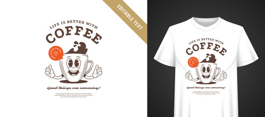 Naklejka premium Editable t-shirt print template with retro cartoon coffee mascot, warm brown and orange palette, friendly vintage typography, all text elements fully editable for quick custom production