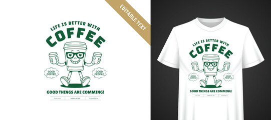 Naklejka premium Monochrome green t-shirt print template with glasses wearing coffee cartoon mascot, bold arched typography, vintage rubber hose aesthetic, all text fully editable for custom apparel production