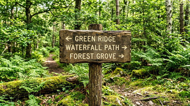 Wooden signpost in lush green forest directing to waterfall and grove paths.