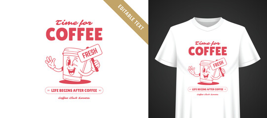 Naklejka premium Bright monochrome red t-shirt template with winking cheerful retro cartoon coffee mascot holding fresh sign, playful cursive typography and fully editable text for casual everyday apparel