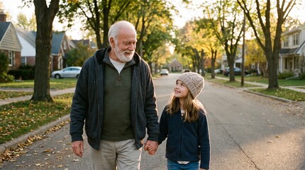 Obraz premium Grandparent and grandchild walk through neighborhood