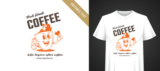 Naklejka premium Bright orange and dark brown t-shirt template with cheerful retro cartoon coffee mascot holding small heart, playful mixed typography and fully editable text for casual everyday coffee lover apparel