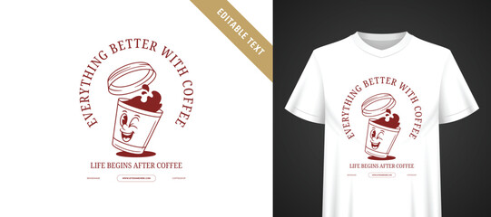 Naklejka premium Warm retro line art coffee cartoon mascot print template for t-shirt, playful vintage character, curved typography, fully editable text ready for apparel and merch everyday design