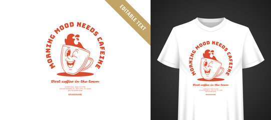 Naklejka premium Vibrant warm orange retro coffee cup cartoon template for t-shirt, cheerful morning caffeine slogan layout, playful vintage aesthetic, fully editable text ready for casual everyday apparel