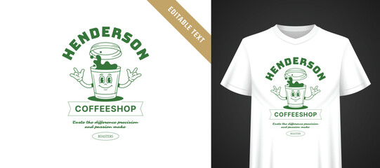 Naklejka premium Deep forest green retro coffeeshop coffee cup cartoon template for t-shirt, friendly smiling mascot, arched vintage typography, fully editable text for local independent cafe and roastery merch