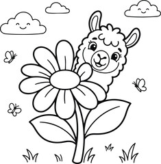 Naklejka premium Cute cartoon llama peeking behind a large flower with butterflies and smiling clouds