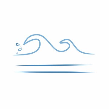 Hand-drawn blue ocean wave with water droplets vector illustration isolated on white background.