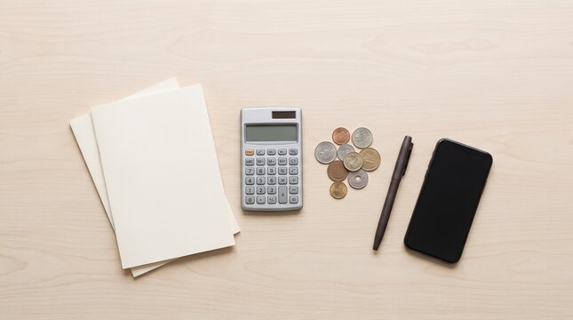 Budget planning flat lay with calculator coins and phone