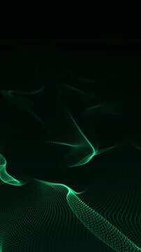abstract green background with wave grid lines and flowing dots animation, futuristic ai technology and science vertical social media motion background