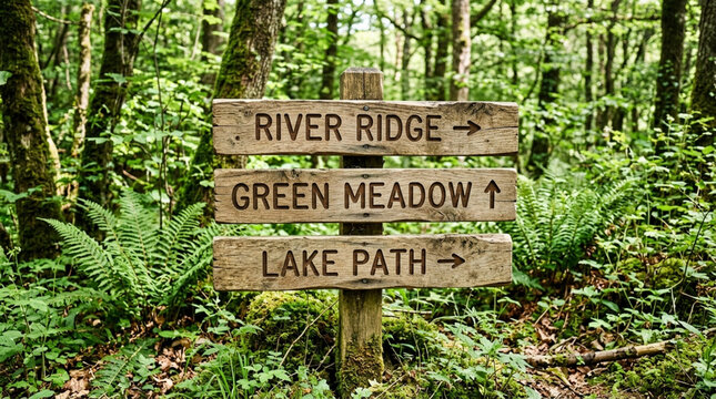 Wooden signpost in lush green forest pointing to River Ridge, Green Meadow, and Lake Path.