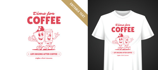 Naklejka premium Vintage soft pink walking coffee pair cartoon template for t-shirt, cheerful winking duo mascot playful stacked typography, fully editable text for fun everyday coffee lover group casual apparel
