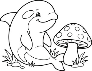 Fototapeta premium Cute cartoon orca whale sitting next to a spotted mushroom in a grassy field