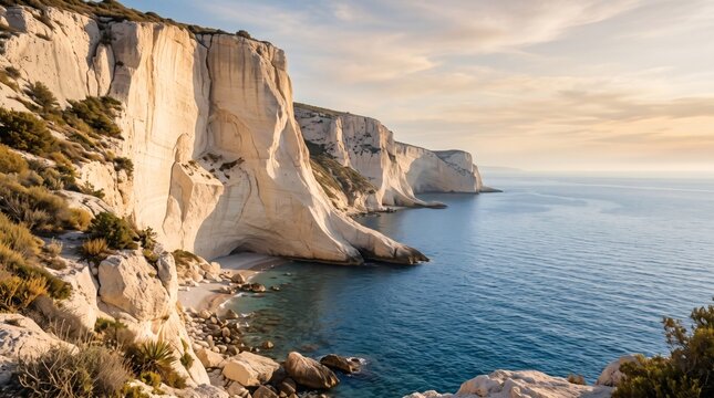 White limestone cliffs and blue sea landscape at sunset