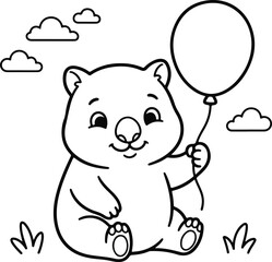 Fototapeta premium Cute cartoon wombat holding a balloon, coloring page for kids
