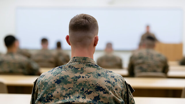 Rear view of a military soldier in camouflage uniform sit in a classroom with other service members listen to a lecture during a bri