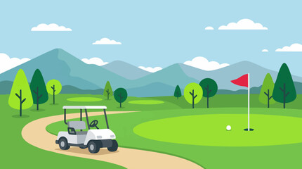 Naklejka premium Illustrated Golf Course with Cart, Green, Flag, and Mountains