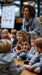 Fototapeta premium A teacher sits with a group of young children in a classroom setting with a chart in the background.
