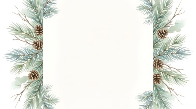 Watercolor christmas border frame with pine branches and pinecones on a white background for holiday greeting cards