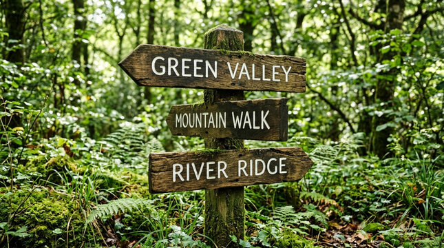 Wooden signpost in lush green forest with directions: Green Valley, Mountain Walk, River Ridge.