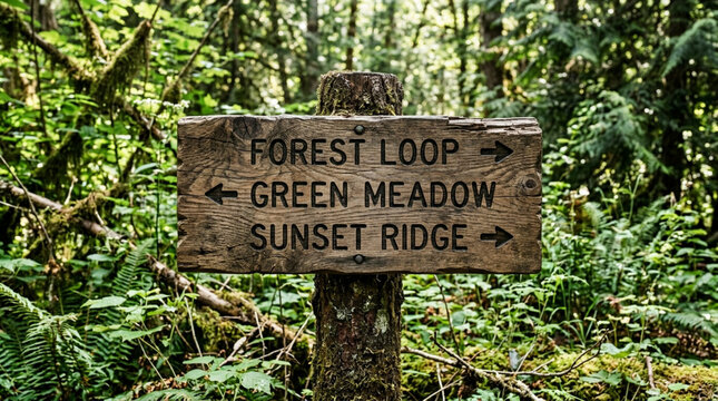 Wooden signpost in lush green forest, directing hikers to trails.