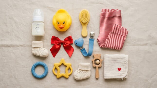 Baby items flat lay on beige fabric