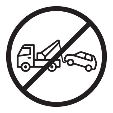 Black and white prohibition symbol featuring a tow truck towing a car inside a red circle with a diagonal slash.