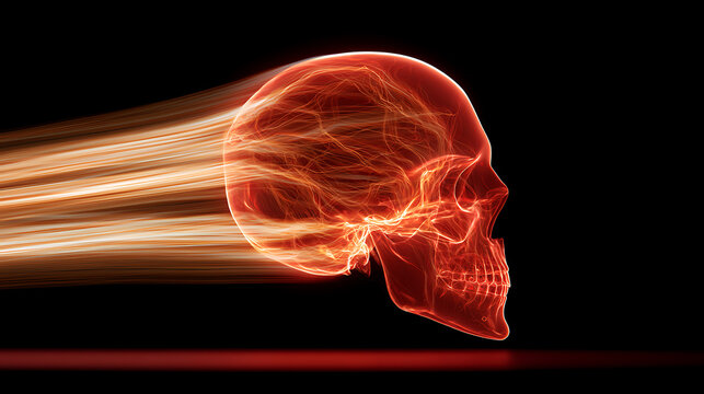 Abstract red skull graphic with fiery motion trails and high velocity energy effect isolated on dark background for conceptual design work