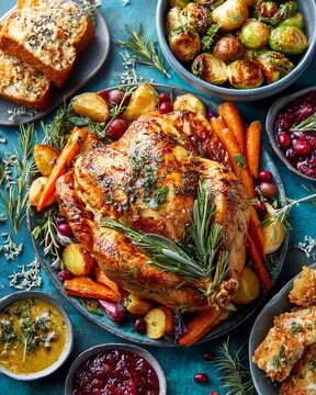 Delicious roasted turkey with colorful sides.