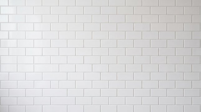 A clean wall featuring glossy white rectangular subway ceramic tiles arranged in a staggered brick pattern.