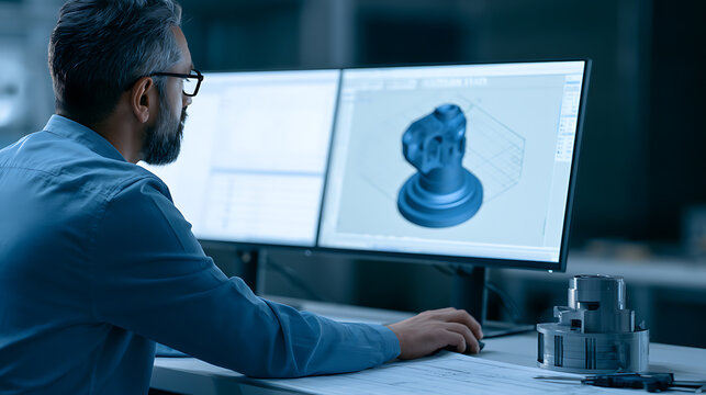Professional engineer design industrial component prototype with cad software on dual computer monitor display inside modern technology laboratory