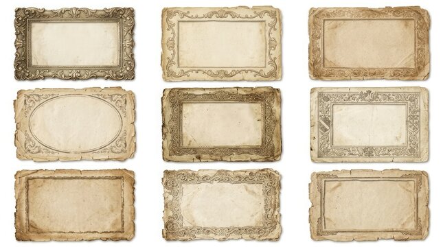 A collection of nine vintage rectangular picture frames with intricate ornate carvings isolated on a white background for decorative display of art and photography