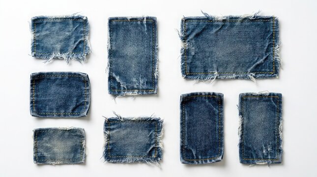 A collection of various rectangular patches of distressed blue denim fabric with frayed edges arranged neatly on a plain white background for fashion design