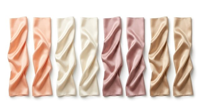A collection of eight vertical fabric strips in various shades of soft pastel and neutral colors arranged in a row against a white background