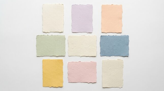 A collection of nine different colored rectangular paper swatches arranged in a grid pattern on a clean white background representing a vibrant color palette