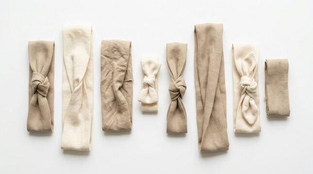A collection of various rustic linen fabric rolls and ribbons tied with natural twine strings arranged neatly on a clean white background for craft