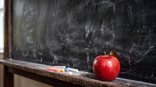 Close-up black chalk board in chalk stains chalk board and red apple, selective focus, copyspace
