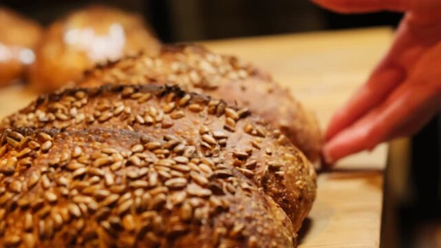 Baker positions warm loaves side by side in perfectly aligned row. Experienced shop assistant creates tidy and appealing bakery presentation