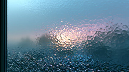 Naklejka premium close up of water condensation droplets forming on cold window glass with blurred blue light background