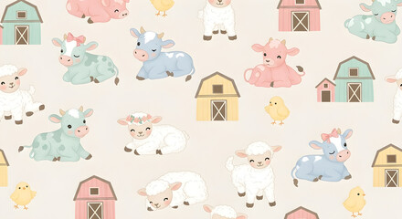 Fototapeta premium Cute Pastel Farm Animals and Barns Seamless Pattern Baby Nursery Background