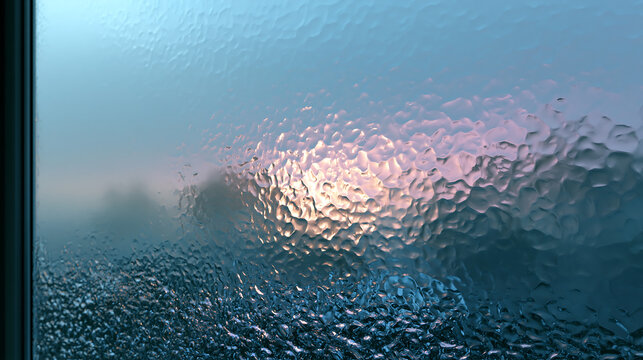 close up of water condensation droplets forming on cold window glass with blurred blue light background