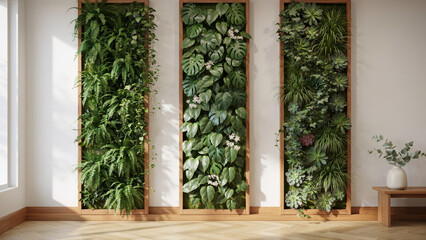 Obraz premium Three vertical wooden frames containing lush green vertical gardens with various tropical