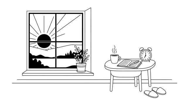 Peaceful morning routine with coffee, journal and sunrise view from home window