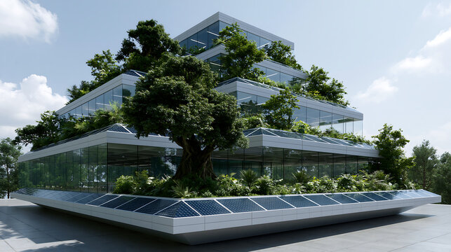 futuristic eco building with curved green terraces surrounded by trees, sustainable architecture and modern design concept