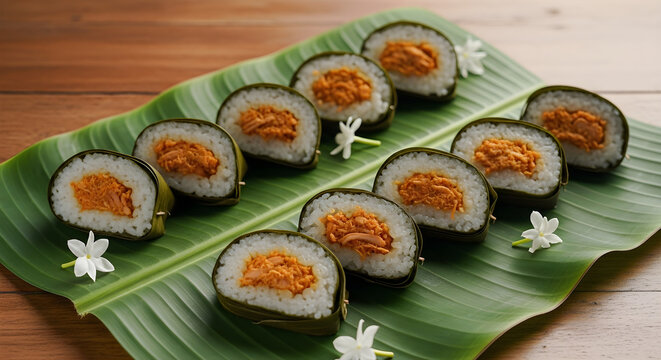 Lemper Indonesian traditional sticky rice and chicken snack served on banana leaf