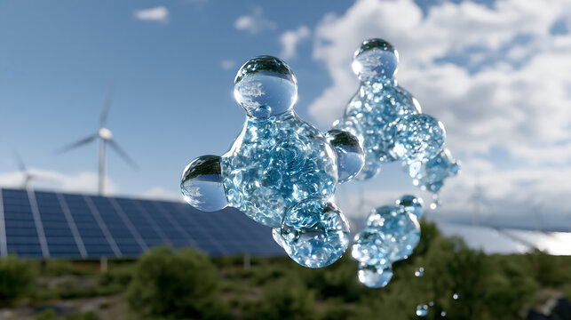 water droplet shaped figures with wind turbines and solar panels, renewable energy and sustainability concept