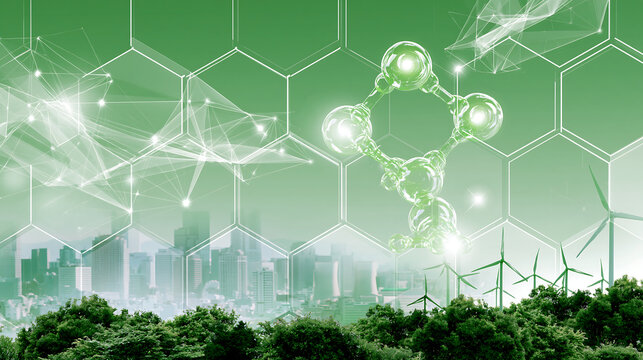 water droplet shaped figures with wind turbines and solar panels, renewable energy and sustainability concept