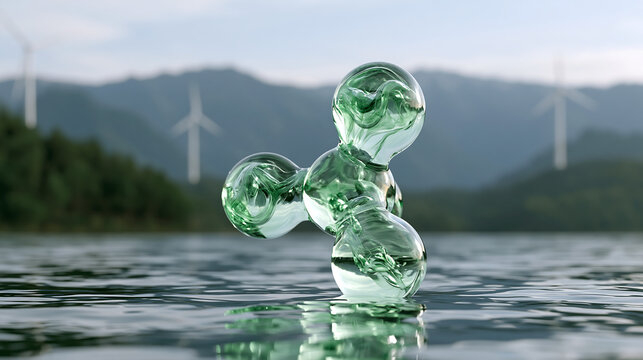 water droplet shaped figures with wind turbines and solar panels, renewable energy and sustainability concept